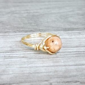 Dainty Orange Marble Beaded Ring, Stackable Stone Wire Ring, Size 4